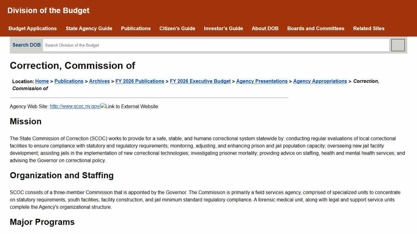 Correction, Commission of Agency Appropriations FY 2026 NYS Executive Budget