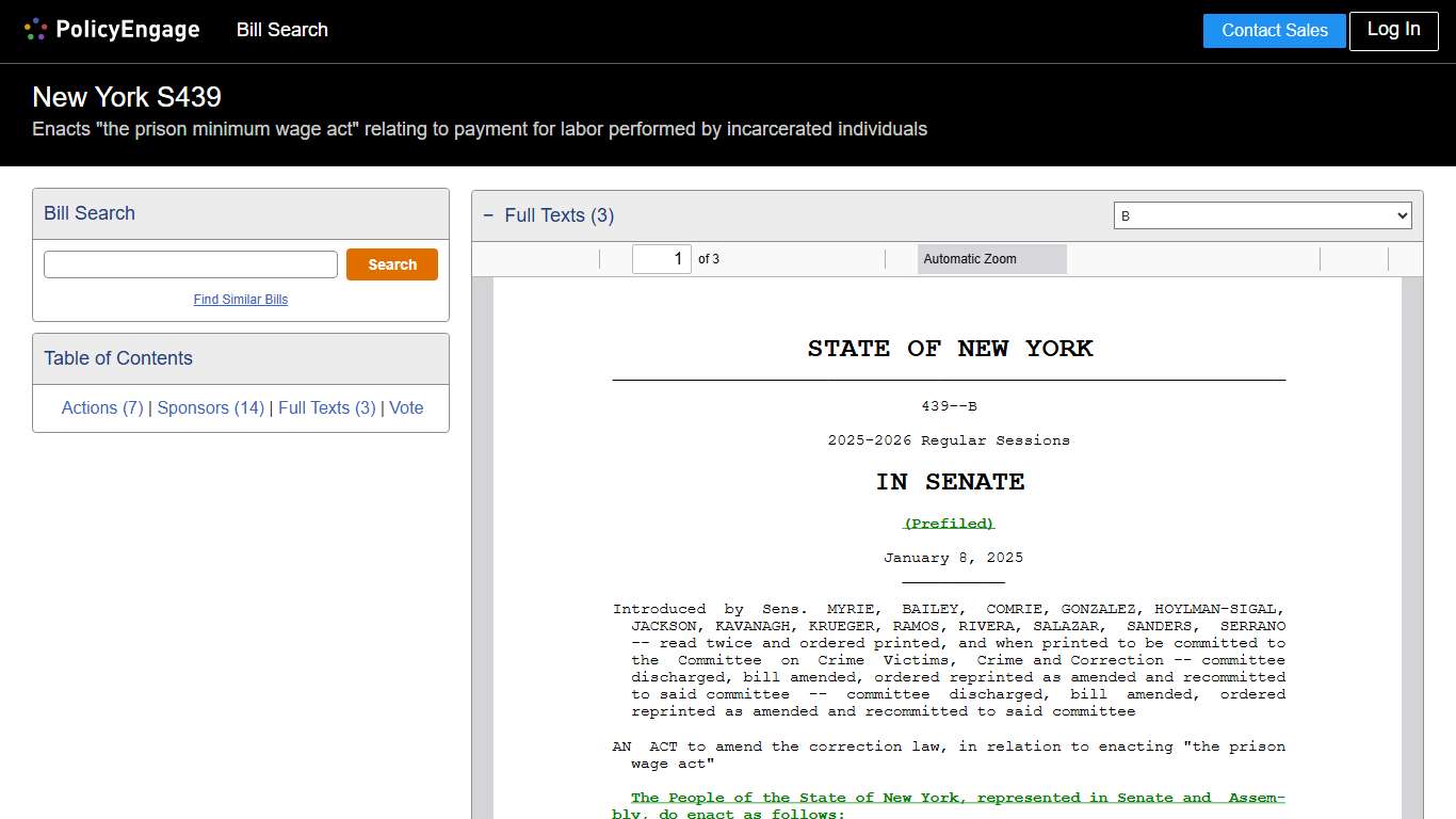 S439 New York 2025-2026 Enacts "the prison minimum wage act" relating to payment for labor performed by incarcerated individuals - Legislative Tracking PolicyEngage